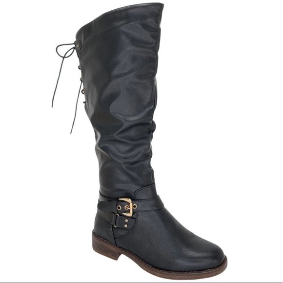 XOXO Shoes - XOXO Montclair Black Faux Leather Tie Back Womens Knee High Boots Size 6M